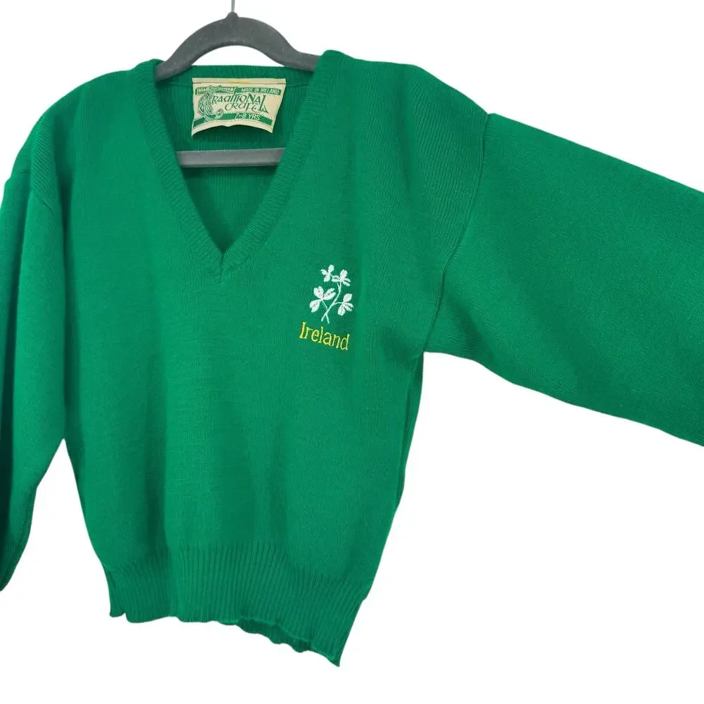 Traditional Craft Irish V Neck Sweater Kids 7-8 Celtic St Pattys‎ Day Green